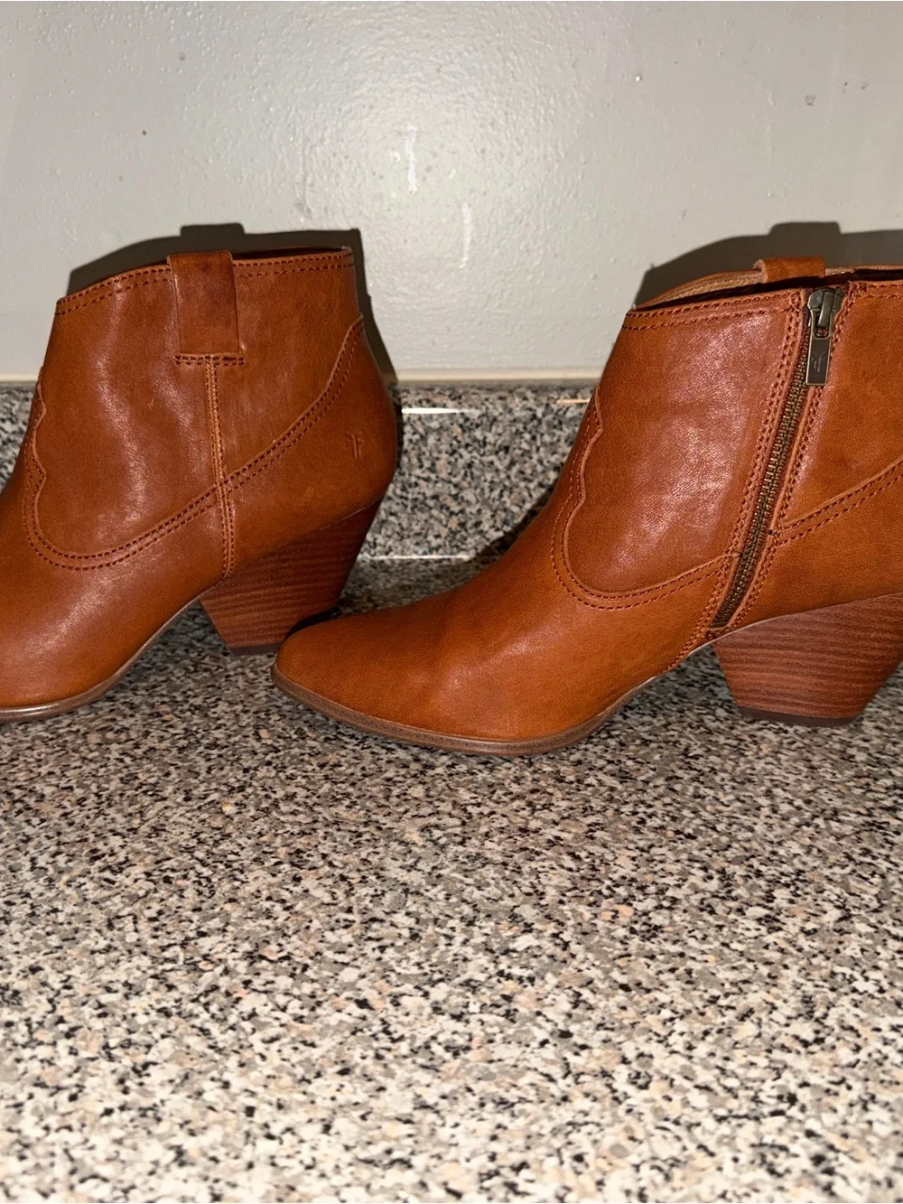 Frye Cognac Leather Ankle Booties with Stacked Heel